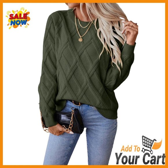 Sweaters - Cable Knit Crewneck Sweater, Viscose Blend, Fall Winter Tops